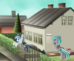 Size: 2400x2000 | Tagged: safe, artist:andaluce, imported from derpibooru, oc, oc only, oc:haze northfleet, oc:malachite cluster, bat pony, pegasus, couple, cute, hedge, high res, house, scenery, street