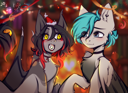 Size: 2637x1923 | Tagged: safe, artist:kutoshi, imported from derpibooru, oc, oc only, oc:aphelios oil, oc:vine jail, anthro, bat pony, pegasus, pony, anthro oc, choker, christmas, duo, ears, ears up, female, hair, holiday, male, mare