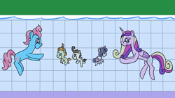 Size: 1920x1080 | Tagged: safe, artist:platinumdrop, imported from derpibooru, cup cake, pound cake, princess cadance, princess flurry heart, pumpkin cake, missing accessory, puffy cheeks, request, swimming, swimming pool, underwater, water