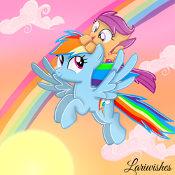 Size: 1300x1300 | Tagged: safe, artist:mlplary6, imported from derpibooru, rainbow dash, scootaloo, pegasus, pony, cloud, duo, duo female, female, filly, flying, foal, happy, looking at each other, looking at someone, mare, open mouth, open smile, ponies riding ponies, rainbow, riding, scootaloo riding rainbow dash, scootalove, sibling love, siblings, sisters, smiling, spread wings, sun, sunset, wings