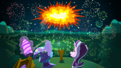 Size: 4444x2500 | Tagged: safe, artist:dacaoo, imported from derpibooru, starlight glimmer, trixie, pony, unicorn, cape, christmas, clothes, duo, duo female, explosion, female, fireworks, happy new year, happy new year 2023, hat, holiday, magic, magic aura, telekinesis, trixie's cape, trixie's hat