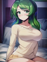 Size: 512x683 | Tagged: safe, editor:sammykun, imported from derpibooru, wallflower blush, human, equestria girls, ai content, ai generated, bed, blushing, breasts, bust, busty wallflower blush, clothes, female, generator:novelai, generator:stable diffusion, humanized, looking at you, no pants, on bed, shirt, sitting, solo