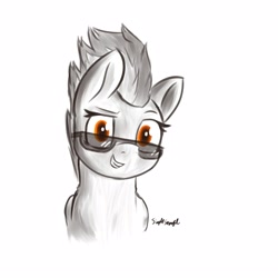 Size: 3598x3598 | Tagged: safe, artist:simplesample, imported from derpibooru, spitfire, pegasus, pony, bust, grayscale, looking at you, monochrome, simple background, solo, sunglasses, sunglasses on head, white background