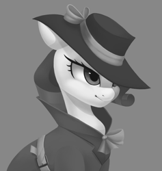 Size: 1003x1058 | Tagged: safe, artist:melodylibris, imported from derpibooru, rarity, pony, unicorn, black and white, clothes, detective rarity, female, gray background, grayscale, hat, mare, monochrome, simple background, solo, trenchcoat