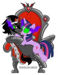 Size: 773x1000 | Tagged: safe, artist:jennieoo, imported from derpibooru, king sombra, twilight sparkle, pony, unicorn, alicorn amulet, crown, female, glowing, glowing eyes, jewelry, kissing, male, mind control, on top, regalia, shipping, show accurate, simple background, sombra eyes, straight, throne, transparent background, twibra, vector