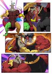 Size: 2880x4096 | Tagged: safe, artist:ponyanony, imported from derpibooru, discord, lord tirek, centaur, draconequus, taur, comic:muscular discourse, cave, comic, commission, deltscord, duo, duo male, fight, glowing, growth, high res, magic, magic aura, male, muscle expansion, muscles, overdeveloped muscles, vein