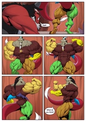 Size: 2880x4096 | Tagged: safe, artist:ponyanony, imported from derpibooru, discord, lord tirek, centaur, draconequus, taur, comic:muscular discourse, ass, asscord, butt, cave, comic, commission, deltscord, duo, duo male, high res, jewelry, male, muscles, muscular male, necklace, overdeveloped muscles, pose, taunting, vein