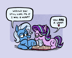 Size: 2048x1638 | Tagged: safe, artist:horsewizardart, imported from derpibooru, starlight glimmer, trixie, pony, unicorn, book, dialogue, duo, duo female, female, heart, lesbian, lidded eyes, lying down, prone, reading, shipping, smiling, speech bubble, startrix