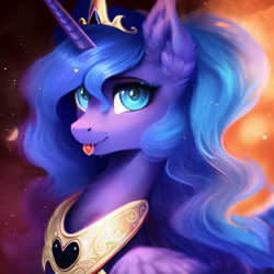 Size: 3072x3072 | Tagged: safe, editor:nightluna, imported from derpibooru, princess luna, alicorn, pony, :p, abstract background, ai content, ai generated, crown, cute, diadem, ear fluff, eyebrows, eyelashes, female, generator:purplesmart.ai, generator:stable diffusion, heart, horn, jewelry, mare, neck fluff, peytral, prompter:nightluna, regalia, smiling, solo, tongue out, wings