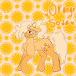 Size: 1698x1698 | Tagged: safe, artist:xxshop4lessxx, imported from derpibooru, oc, oc only, earth pony, pony, bow, chest fluff, earth pony oc, female, food, hair bow, mare, orange, raised hoof, smiling, solo