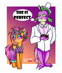 Size: 2450x2900 | Tagged: safe, artist:loverashley, imported from derpibooru, scootaloo, spike, anthro, digitigrade anthro, dragon, pegasus, pony, blushing, bowtie, clothes, dress, eyelashes, female, floral head wreath, flower, hat, makeup, male, mare, older, older scootaloo, older spike, scootaspike, shipping, straight, suit, thought bubble, tomboy taming, top hat, wedding dress