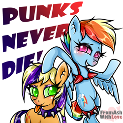Size: 1900x1900 | Tagged: safe, artist:loverashley, imported from derpibooru, applejack, rainbow dash, earth pony, pegasus, pony, :p, alternate hairstyle, bipedal, blushing, bra, choker, clothes, duo, ear fluff, eyelashes, grin, punk, simple background, smiling, spiked choker, spiked wristband, tongue out, underwear, white background, wings, wristband
