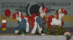 Size: 2514x1376 | Tagged: safe, artist:tarsaqus, imported from derpibooru, oc, pony, unicorn, fallout equestria, 3d glasses, candy, candy cane, clothes, fallout, female, glasses, light skin, mare, pipbuck, post-apocalyptic, red hair, reference sheet, socks, solo, stable-tec, standing, striped socks, vault suit