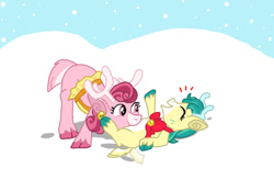 Size: 1011x662 | Tagged: safe, alternate version, artist:princessdestiny200i, imported from derpibooru, alice the reindeer, bori the reindeer, deer, reindeer, christmas, cute, duo, female, holiday, laughing, lying down, on back, raspberry, snow, tickle torture, tickling, tummy buzz, unshorn fetlocks