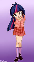 Size: 1389x2500 | Tagged: safe, artist:anibaruthecat, imported from twibooru, twilight sparkle, human, belly button, braces, button-up shirt, child, clothes, commission, female, gradient background, humanized, image, leaning forward, mary janes, png, purple background, shoes, simple background, skirt, socks, solo, younger