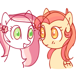 Size: 2048x2048 | Tagged: safe, artist:omelettepony, oc, oc only, oc:honolulu, oc:sweet rose, earth pony, pegasus, pony, blushing, female, flower, lesbian, lesbian couple, looking at each other, mare, oc x oc, open mouth, open smile, shipping, simple background, talking, talking to each other, transparent background
