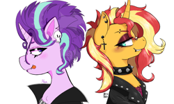 Size: 1800x1080 | Tagged: safe, artist:dsstoner, artist:hrukii, imported from ponybooru, starlight glimmer, sunset shimmer, pony, unicorn, choker, clothes, crucifix, curved horn, duo, duo female, ear piercing, earring, edgelight glimmer, emo, eyebrow piercing, eyeshadow, female, horn, jacket, jewelry, leather jacket, lip piercing, makeup, mare, piercing, skull, snake bites, spiked choker, teenage glimmer, tongue out