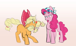 Size: 1280x784 | Tagged: safe, artist:chub-wub, imported from derpibooru, applejack, pinkie pie, earth pony, pony, alternate hairstyle, bandana, clown, clown nose, cowboy hat, cute, diapinkes, duo, female, freckles, hat, jackabetes, mare, open mouth, personality swap, pigtails, red nose, rodeo clown, role reversal, silly, silly pony, twintails, who's a silly pony