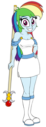 Size: 700x1920 | Tagged: safe, artist:roseluck, derpibooru exclusive, imported from derpibooru, rainbow dash, human, equestria girls, bare shoulders, boots, breasts, cleavage, clothes, colored sketch, dress, female, full body, grin, hand on hip, holding, looking at you, mage, minidress, open mouth, open smile, sash, shoes, simple background, sleeveless, sleeveless dress, smiling, smiling at you, solo, staff, standing, strapless, strapless dress, three quarter view, white background