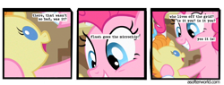 Size: 720x275 | Tagged: safe, edit, edited screencap, imported from ponybooru, screencap, pinkie pie, pumpkin cake, earth pony, pony, unicorn, baby cakes, a softer world, baby, baby pony, babysitting, comic, screencap comic, text