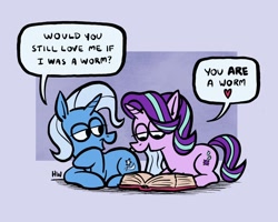 Size: 2048x1638 | Tagged: safe, artist:horsewizardart, imported from derpibooru, starlight glimmer, trixie, pony, unicorn, book, dialogue, duo, duo female, female, heart, lesbian, lidded eyes, lying down, prone, shipping, smiling, startrix