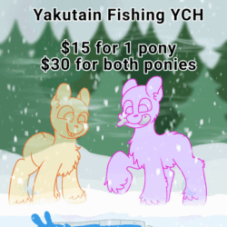 Size: 1200x1200 | Tagged: safe, artist:bluemoon, imported from derpibooru, fish, pony, animated, blurry background, chest fluff, commission, duo, fishing, gif, snow, snowfall, yakutian horse, ych example, your character here