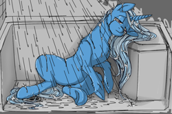 Size: 1376x909 | Tagged: safe, artist:mechanakal, derpibooru exclusive, imported from derpibooru, trixie, pony, unicorn, bathtub, crying, female, fluffy, frown, mare, missing accessory, sad, shower, showering, sitting, solo, underhoof, wet, wet mane