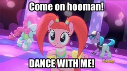 Size: 800x450 | Tagged: safe, edit, editor:undeadponysoldier, imported from ponybooru, screencap, azure velour, flashdancer, pacific glow, earth pony, pony, animated, breaking the fourth wall, cute, dance floor, dancing, discovery family logo, edited gif, female, flexible, fun, happy, implied human, intentional spelling error, looking at you, low effort caption, mare, misspelling, pigtails, tail whip, talking to viewer, tap dancing