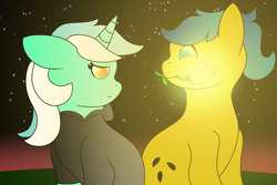 Size: 6000x4000 | Tagged: safe, artist:eminent entropy, imported from derpibooru, lyra heartstrings, oc, oc:morning dew, earth pony, pony, unicorn, fanfic:background pony, black hoodie, clothes, dig the swell hoodie, duo, earth pony oc, flower, happy, hoodie, night, night sky, pensive, sky, sunrise, tulip