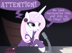 Size: 2732x2048 | Tagged: safe, artist:mistress midnight, imported from derpibooru, fleur-de-lis, pony, unicorn, /mlp/ tf2 general, ashtray, cigarette, clothes, dialogue box, female, mare, microphone, solo, speech bubble, suit, team fortress 2, the administrator