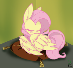 Size: 710x653 | Tagged: safe, artist:pagophasia, derpibooru exclusive, imported from derpibooru, fluttershy, pegasus, pony, behaving like a bird, cushion, cute, eyes closed, female, impossibly long eyelashes, lying down, pillow, shyabetes, sleeping, solo, tassels, wings