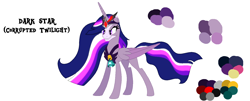 Size: 1466x590 | Tagged: safe, alternate version, artist:westrail642fan, imported from derpibooru, twilight sparkle, alicorn, rise and fall, the last problem, alicorn amulet, alternate universe, base used, bell, chest plate, corrupted twilight sparkle, crown, evil grin, flowing mane, glowing, glowing eyes, glowing hair, grin, grogar's bell, jewelry, older, older twilight, princess twilight 2.0, reference sheet, regalia, simple background, smiling, solo, text, that magic was not yours to give, twilight sparkle (alicorn), white background