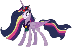 Size: 861x566 | Tagged: safe, artist:westrail642fan, imported from derpibooru, twilight sparkle, alicorn, rise and fall, the last problem, alicorn amulet, alternate universe, base used, bell, chest plate, corrupted twilight sparkle, crown, evil grin, flowing mane, grin, grogar's bell, jewelry, older, older twilight, princess twilight 2.0, regalia, simple background, smiling, solo, text, that magic was not yours to give, transparent background, twilight sparkle (alicorn)