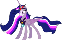 Size: 861x566 | Tagged: safe, artist:westrail642fan, imported from derpibooru, twilight sparkle, alicorn, rise and fall, the last problem, alicorn amulet, alternate universe, base used, bell, chest plate, corrupted twilight sparkle, crown, evil grin, flowing mane, glowing, glowing eyes, glowing hair, grin, grogar's bell, jewelry, older, older twilight, princess twilight 2.0, regalia, simple background, smiling, solo, text, that magic was not yours to give, transparent background, twilight sparkle (alicorn)