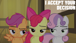 Size: 1920x1080 | Tagged: safe, edit, edited screencap, editor:quoterific, imported from derpibooru, screencap, apple bloom, scootaloo, sweetie belle, earth pony, pegasus, pony, unicorn, somepony to watch over me, apple bloom is not amused, apple bloom's bow, bow, cutie mark crusaders, female, filly, foal, frown, hair bow, looking at someone, scootaloo is not amused, sweetie belle is not amused, trio, trio female, unamused