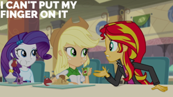Size: 1920x1080 | Tagged: safe, edit, edited screencap, editor:quoterific, imported from derpibooru, screencap, applejack, rarity, sunset shimmer, human, equestria girls, rainbow rocks, apple, apple juice, applejack's hat, bowl, cafeteria, confused, cowboy hat, drinking, drinking straw, eating, eyeshadow, female, food, freckles, frown, grape juice, gritted teeth, hat, juice, juice box, looking at each other, looking at someone, makeup, puffy cheeks, teeth, tray, trio, trio female