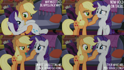 Size: 4400x2475 | Tagged: safe, edit, edited screencap, editor:quoterific, imported from derpibooru, screencap, applejack, rarity, earth pony, pony, unicorn, made in manehattan, applejack is not amused, applejack's hat, cowboy hat, crying, duo, duo female, eyeshadow, female, freckles, frown, gritted teeth, hat, hoof over mouth, hoofjack, makeup, mare, marshmelodrama, open mouth, rarity being rarity, running makeup, teeth, unamused