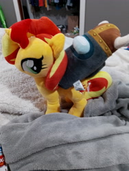 Size: 3120x4160 | Tagged: safe, artist:onlyfactory, imported from derpibooru, sunset shimmer, pony, among us, bootleg, crewmate, crewmates riding ponies, irl, merchandise, meta, photo, plushie, pun, riding, riding a pony, sus (among us), visual pun, your argument is invalid