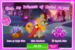 Size: 1958x1300 | Tagged: safe, imported from derpibooru, fall flower, kirin, advertisement, background character, background kirin, beauty mark, clothes, cloven hooves, costs real money, dress, english, female, flower, gameloft, horn, magic coins, mobile game, my little pony: magic princess, numbers, official, phantom of the opera, sale, solo, solo focus, text