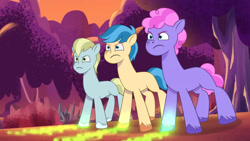 Size: 3072x1727 | Tagged: safe, imported from derpibooru, screencap, earth pony, pony, spoiler:g5, spoiler:my little pony: tell your tale, spoiler:tyts01e42, earth pony magic, firework-ing together, frown, g5, high res, magic, male, my little pony: tell your tale, not flash sentry, stallion, sugarpuff lilac, trio, trio male, unnamed character, unnamed pony, youtube link