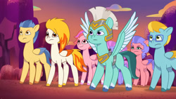 Size: 3072x1727 | Tagged: safe, imported from derpibooru, screencap, pegasus, pony, spoiler:g5, spoiler:my little pony: tell your tale, spoiler:tyts01e42, cherry flyaway, female, firework-ing together, flare (g5), flying, frown, g5, high res, lemon gear, male, mare, my little pony: tell your tale, pegasus royal guard, royal guard, smiling, spread wings, stallion, thunder flap, windy (g5), wings, youtube link
