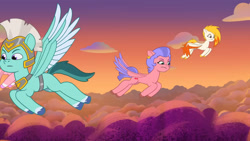 Size: 3072x1727 | Tagged: safe, imported from derpibooru, screencap, pegasus, pony, spoiler:g5, spoiler:my little pony: tell your tale, spoiler:tyts01e42, cherry flyaway, female, firework-ing together, flare (g5), flying, g5, high res, male, mare, my little pony: tell your tale, pegasus royal guard, royal guard, spread wings, stallion, thunder flap, windy (g5), wings, youtube link