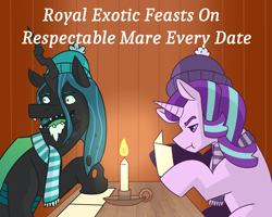 Size: 3375x2700 | Tagged: safe, artist:daotterguy, imported from derpibooru, queen chrysalis, starlight glimmer, changeling, unicorn, candle, clothes, scarf, striped scarf