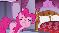 Size: 1280x720 | Tagged: safe, imported from derpibooru, screencap, pinkie pie, earth pony, pony, canterlot boutique, season 5, bed, eyes closed, faic, solo