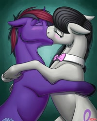 Size: 1024x1280 | Tagged: safe, artist:wwredgrave, imported from derpibooru, octavia melody, oc, oc:slimshod, earth pony, pony, blushing, bowtie, canon x oc, commission, duo, earth pony oc, eyes closed, female, floppy ears, kiss on the lips, kissing, male, mare, stallion, straight, unshorn fetlocks, ych result