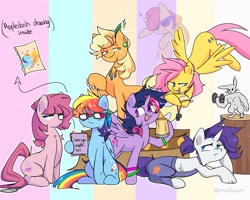 Size: 2499x1997 | Tagged: safe, artist:madiwann, imported from derpibooru, angel bunny, apple bloom, applejack, fluttershy, pinkie pie, rainbow dash, rarity, twilight sparkle, alicorn, earth pony, pegasus, pony, rabbit, unicorn, animal, appledash, clothes, coach, coach fluttershy, dumbbell (object), female, filly, foal, lesbian, mane six, mare, messy mane, muscles, overalls, personality swap, shipping, sweat, twilight sparkle (alicorn), weight lifting, weights, whistle, whistle necklace