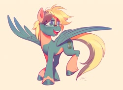 Size: 2896x2137 | Tagged: safe, artist:imalou, imported from derpibooru, oc, oc only, pegasus, pony, blonde mane, commission, full body, glasses, green eyes, looking right, male, open mouth, open smile, pegasus oc, simple background, smiling, solo, spread wings, stallion, teal coat, wings