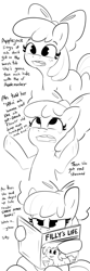 Size: 1584x4752 | Tagged: safe, artist:tjpones, imported from derpibooru, apple bloom, earth pony, pony, black and white, comic, dialogue, female, filly, foal, grayscale, high res, implied applejack, magazine, monochrome, reading, simple background, talking to viewer, tooth gap, white background