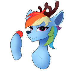 Size: 2828x2827 | Tagged: safe, artist:zpdea, imported from derpibooru, rainbow dash, deer, reindeer, antlers, not yakovlev-vad, red nose, reindeer dash, reindeerified, simple background, solo, species swap, white background