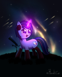 Size: 3130x3910 | Tagged: safe, artist:harukiicat, imported from derpibooru, oc, oc only, oc:andromeda, pony, unicorn, clothes, female, glowing, glowing horn, horn, magic, magic aura, mare, night, not twilight sparkle, open mouth, open smile, shooting star, sky, smiling, socks, solo, starry eyes, stars, telescope, unicorn oc, wingding eyes